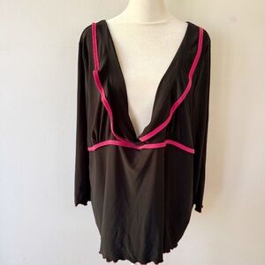 Vintage Women Y2K Ruffle Lettuce Hem Babydoll Top 2X Stretchy Comfy Office Pink